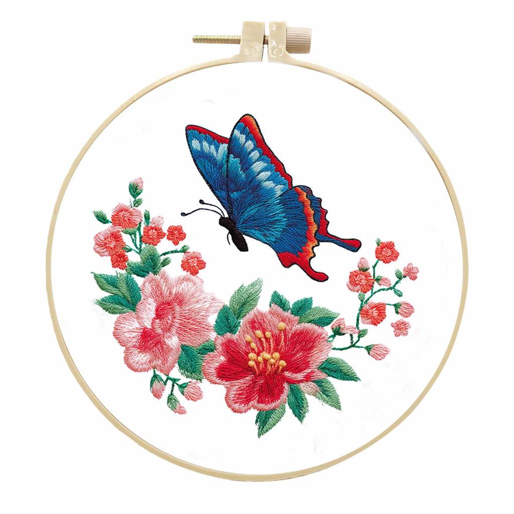 1 set Artistic Butterfly Flower DIY Embroidery Kit, Embroidery Fabric Material Set, Includes tools and stitch tutorials suitable for beginners
