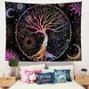 2D Regenbogen Baum des Lebens Wandteppich, Schwarzer Hintergrund Sonne Mond Stern Wandbehang, Mystische Landschaft Dekoration