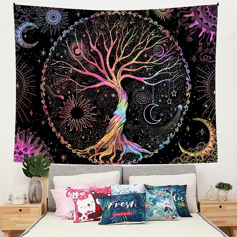 2D Regenbogen Baum des Lebens Wandteppich, Schwarzer Hintergrund Sonne Mond Stern Wandbehang, Mystische Landschaft Dekoration