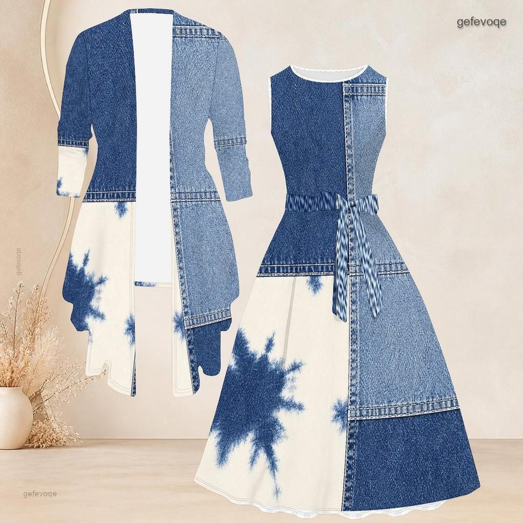 Women Plus Size Two Piece Set Round Neck Sleeveless Tie Waist Flared Dress 3 4 Sleeve Open Cardigan Printed