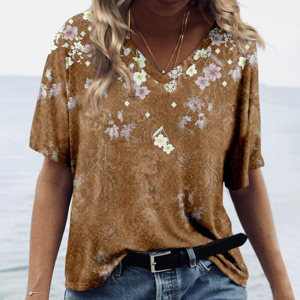 Flower Series 3D Digital Printed Women's Fun and Comfortable V-neck Short Sleeved T-shirt