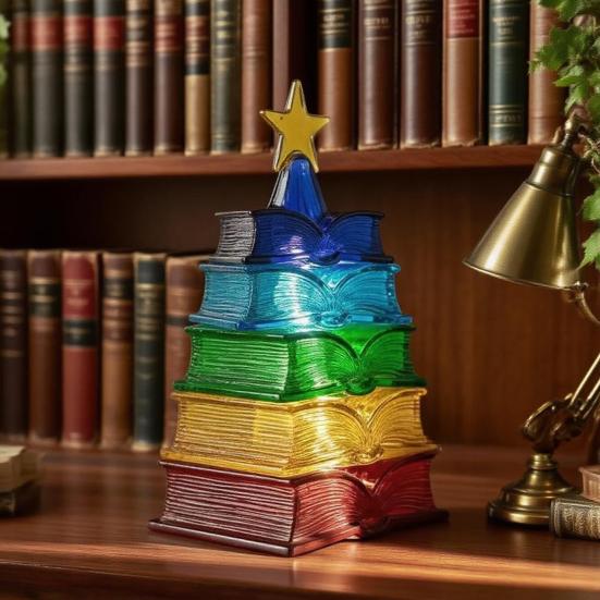 Ornement Yousheng Multicolore Pile de Livres pour Arbre de Noël Vitrail Empilé Livre Arbre Forme Attrape-Soleil pour Amateurs de Livres Bibliothécaires Lecteur Rat de Bibliothèque