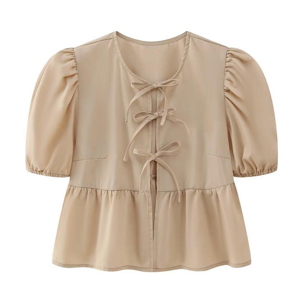 2024 Spring Women's Street Fashion Lace-up Puff Sleeve Top