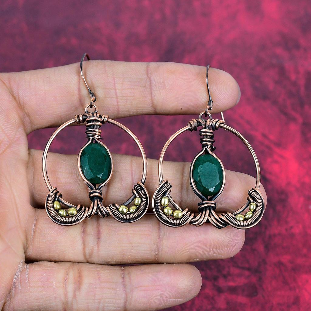 Faceted zambian emerald earring copper wire wrapped earrings handmade gemstone earring copper wire wrap jewelry gift for women drop earrings