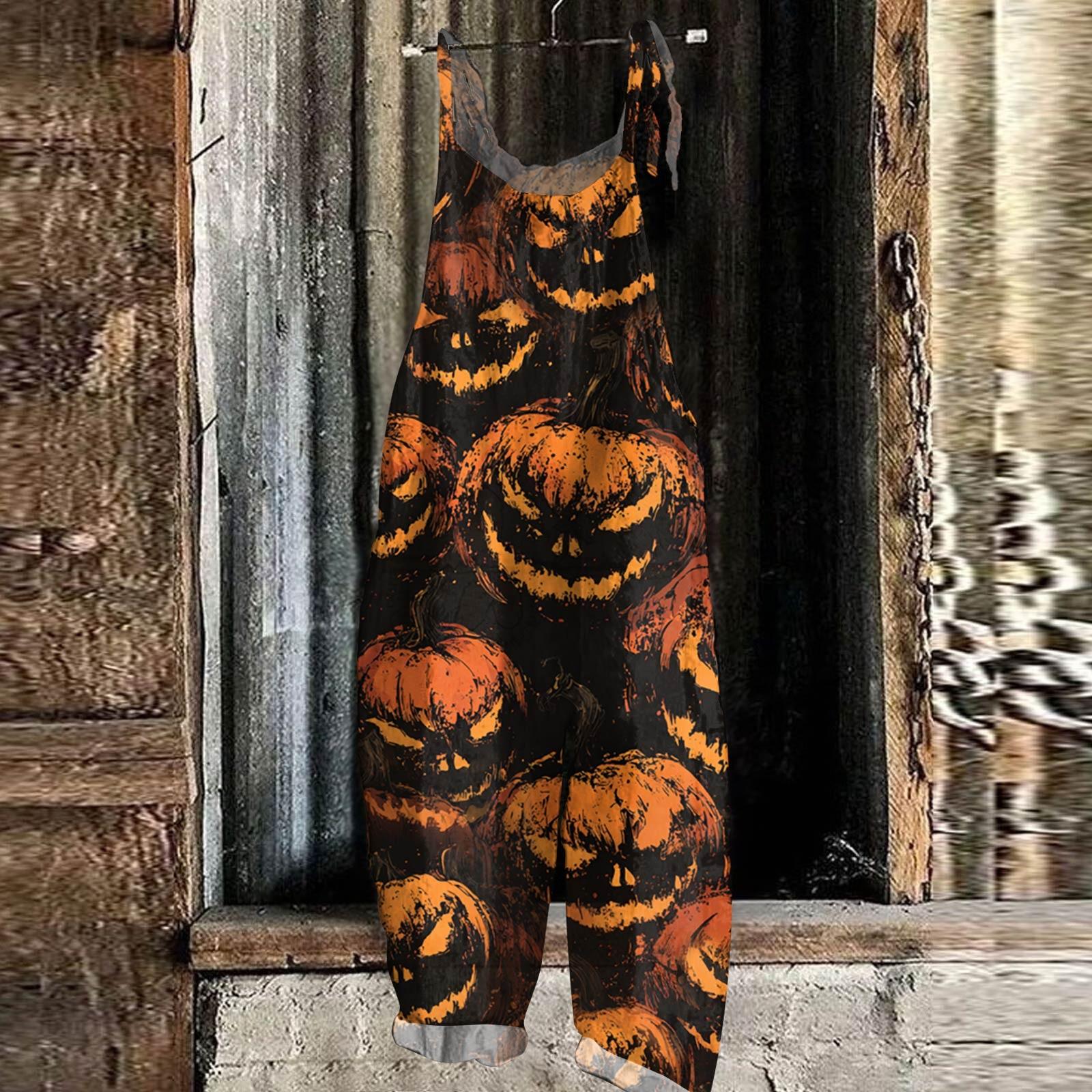 

Женский комбинезон с принтом Хэллоуина, повседневный свободный винтажный комбинезон из хлопка и льна XXL