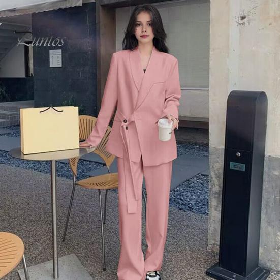 2 buc./set damă haină formală pantaloni set mâneci lungi închidere cu bretele cu nasturi Cardigan cu decolteu în V Jachetă de lungime mijlocie pantaloni drepti cu talie înaltă de afaceri formali