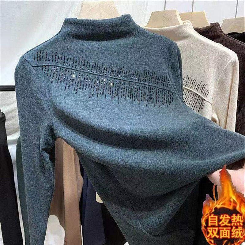 

Женская базовая рубашка с полувысоким воротником на осень-зиму в корейском стиле с бархатным утеплителем, теплые футболки с длинным рукавом L зелёный