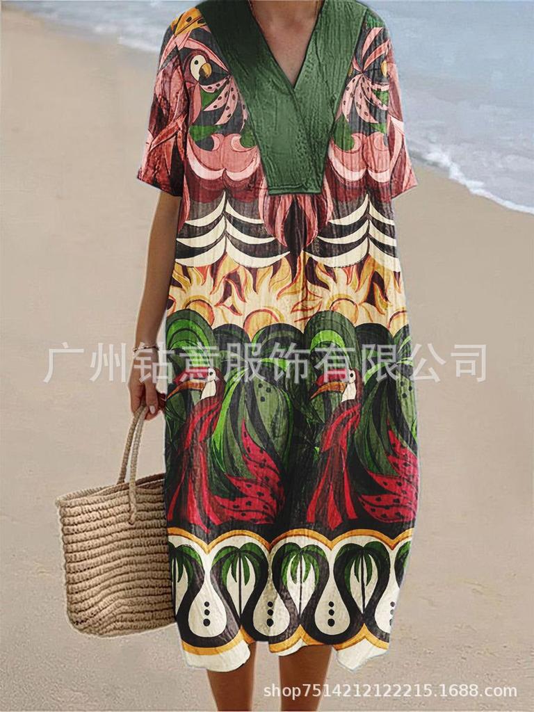 New Loose Casual Comfortable V-neck Digital Printing Pleated Large Version Dress