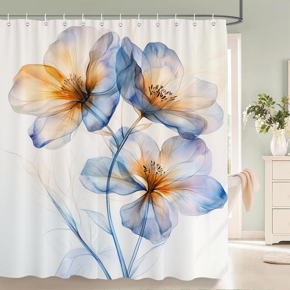 Watercolor Flowers Shower Curtain, Floral Plant Bathroom Decorative Shower Curtain, Waterproof Shower Curtain with Hooks
