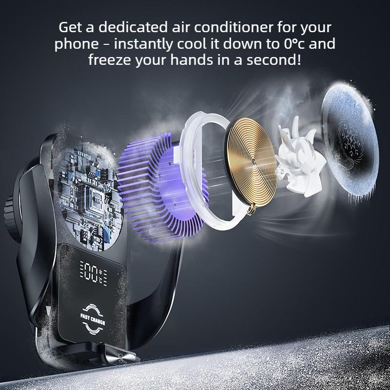 2026 New Semiconductor Cooling 15W Wireless Water Cooling Digital Display Phone Holder Car Mount Fast Charging Auto Accessories