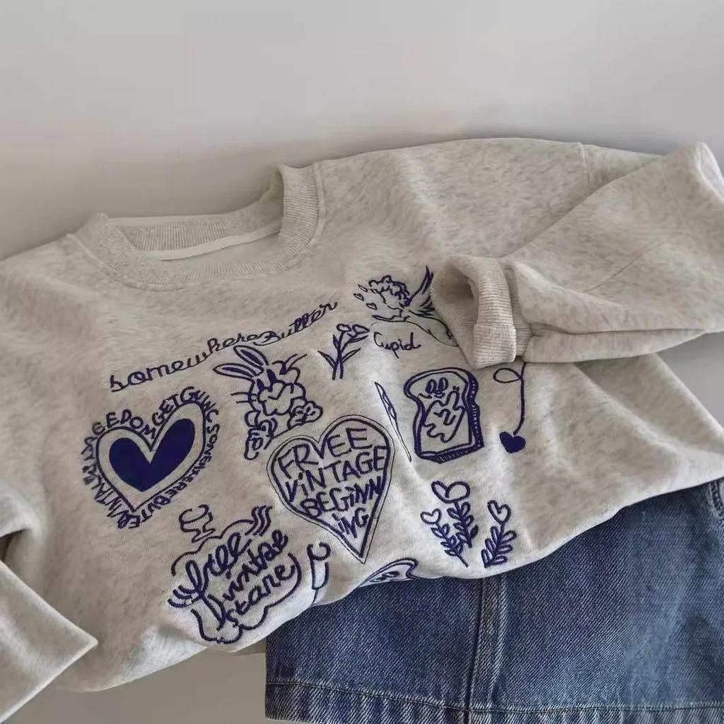 Autumn '24 Embroidered Love Rabbit Sweater - Long Sleeve, Small Round Neck Pullover