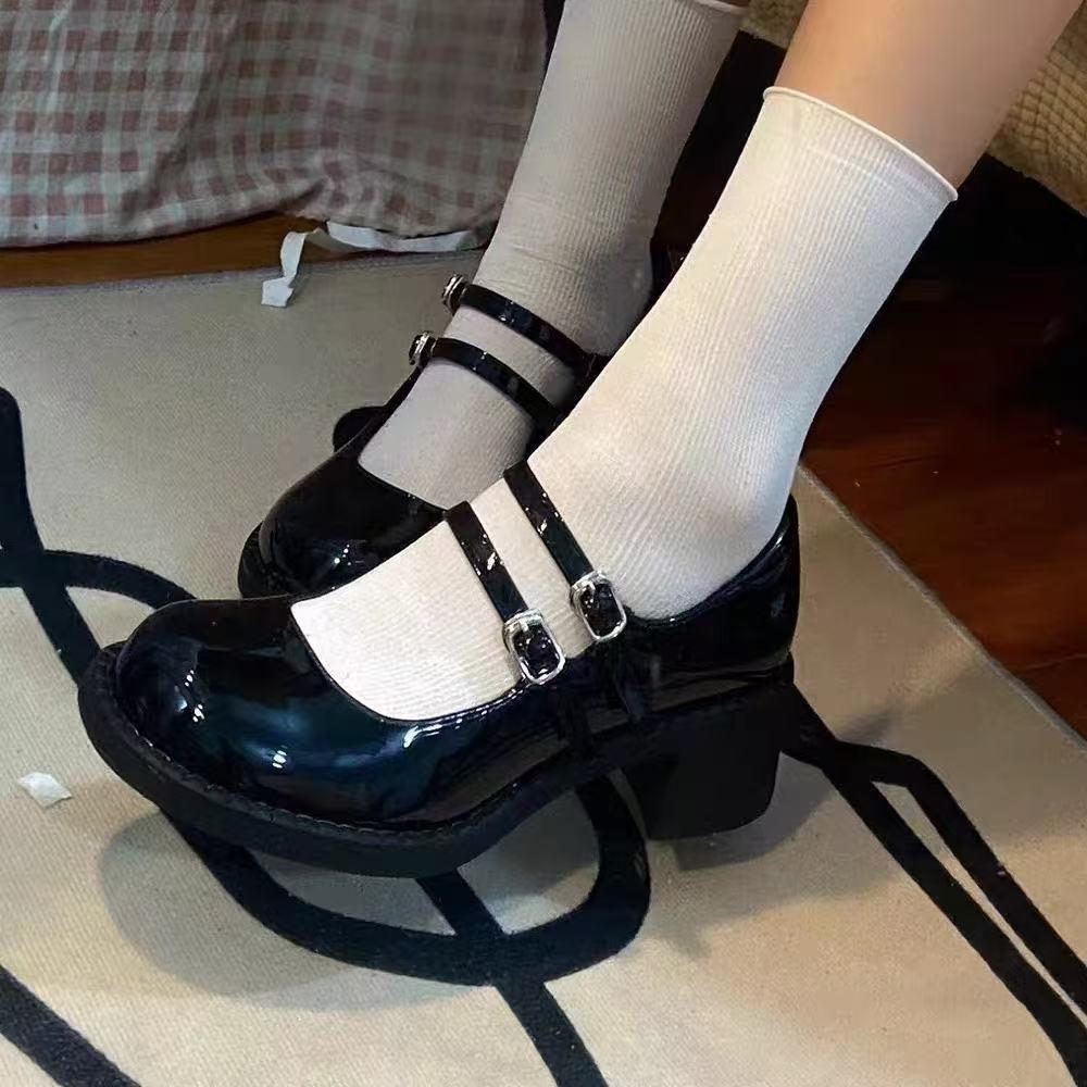 French Mary Jane Small Black Shoes Leather Shoes New One-word Shallow Mouth Round Head Casual Jk Platform Single Shoes
