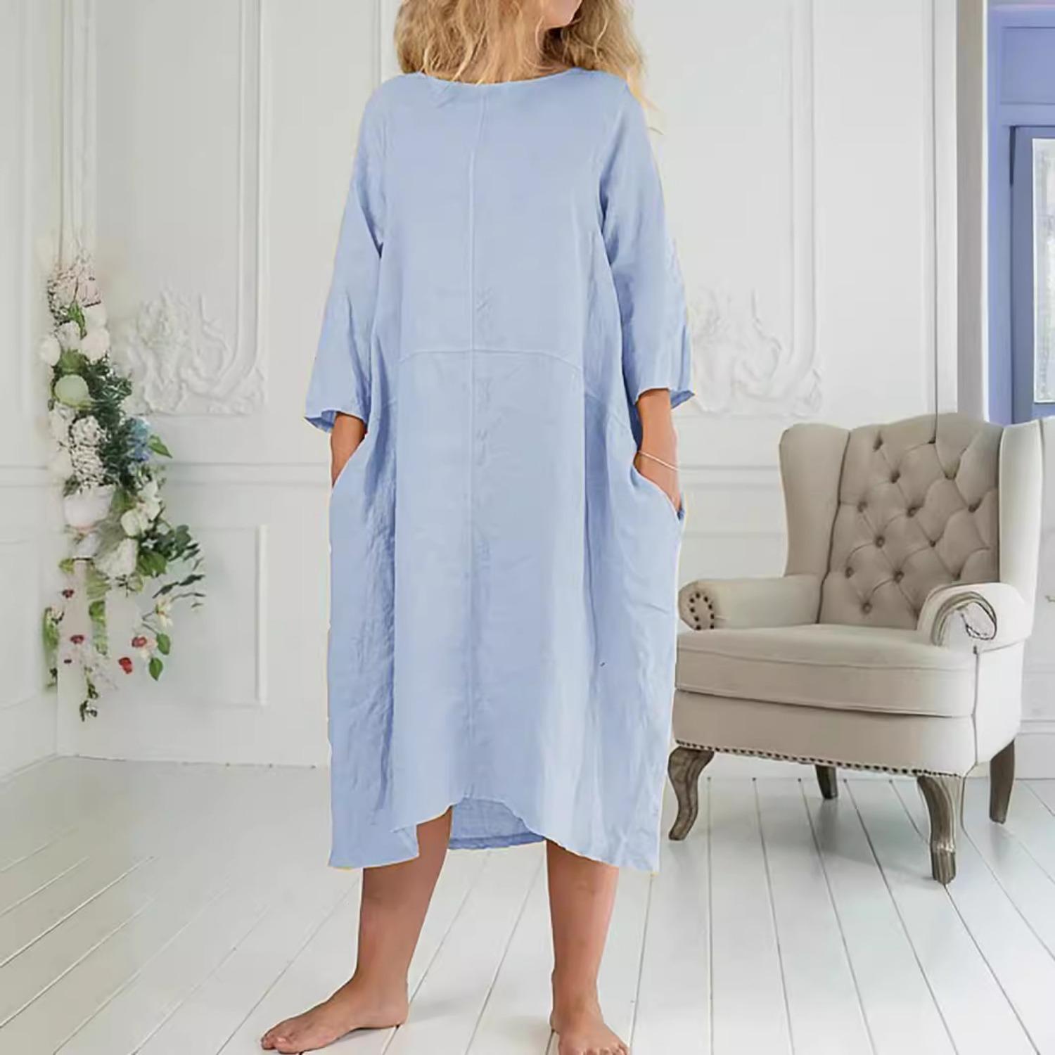 

2025 Новое летнее женское укороченное платье с коротким рукавом и круглым вырезом, карманом, длинной юбкой, коротким рукавом XXL