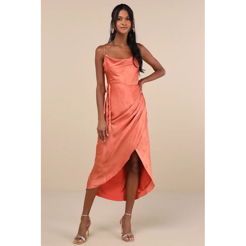 

Foreign Trade Order Lu s Sexy Temperament Gyaru Sling Pile Collar Jacquard Pleat Split Smooth Fabric Dress Women Orange(No belt) 2XL