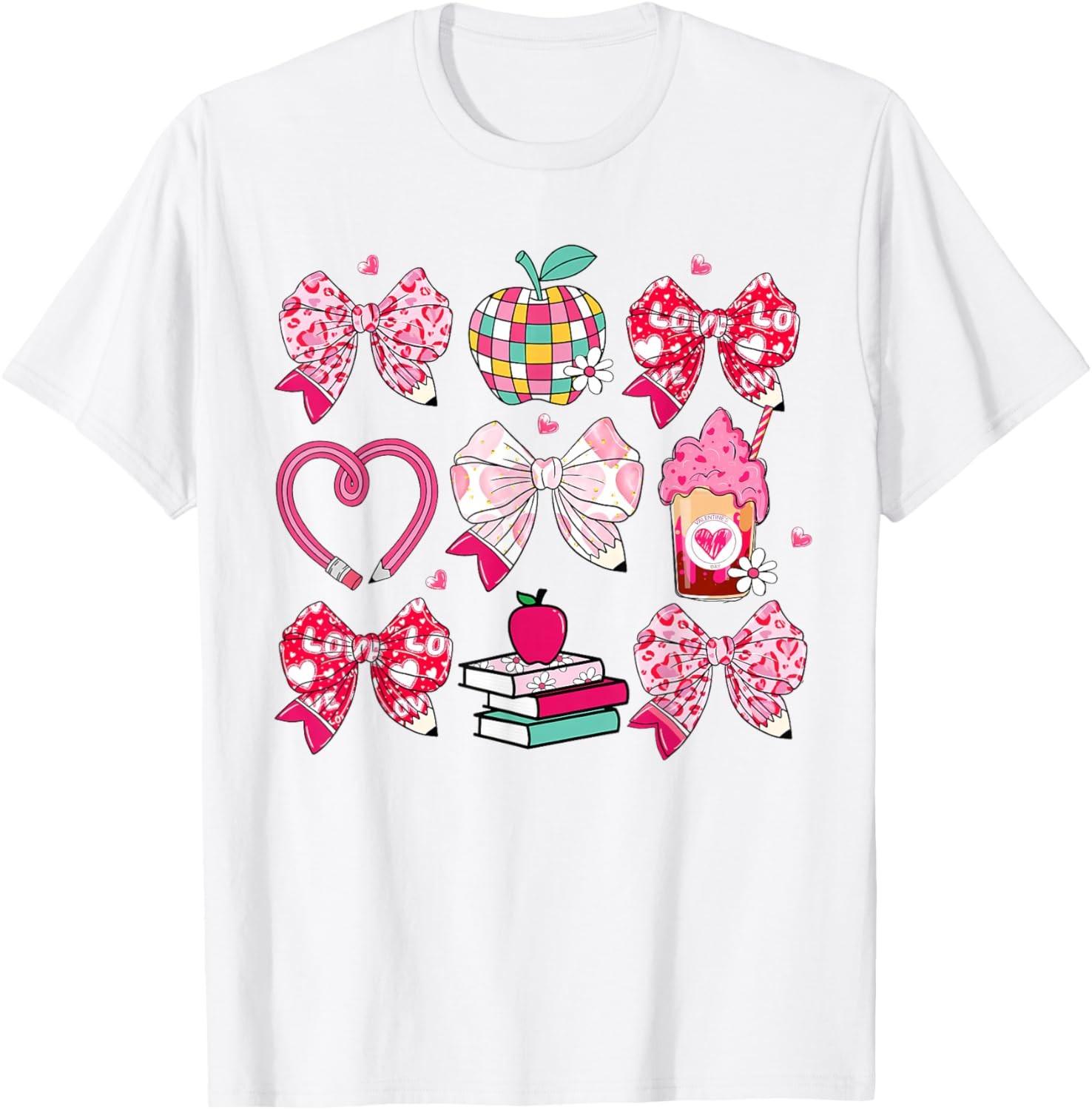 Cute Teacher Valentine Bow Heart Valentines Day Teachers T-Shirt S