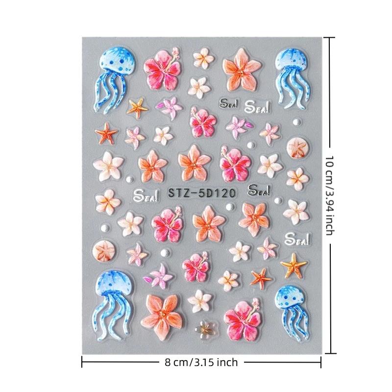 3D Summer Ocean Nail Stickers Beach Themed Begonia Flower Shell Starfish Jellyfish Plumeria Nail Art Decorations For Women Girls