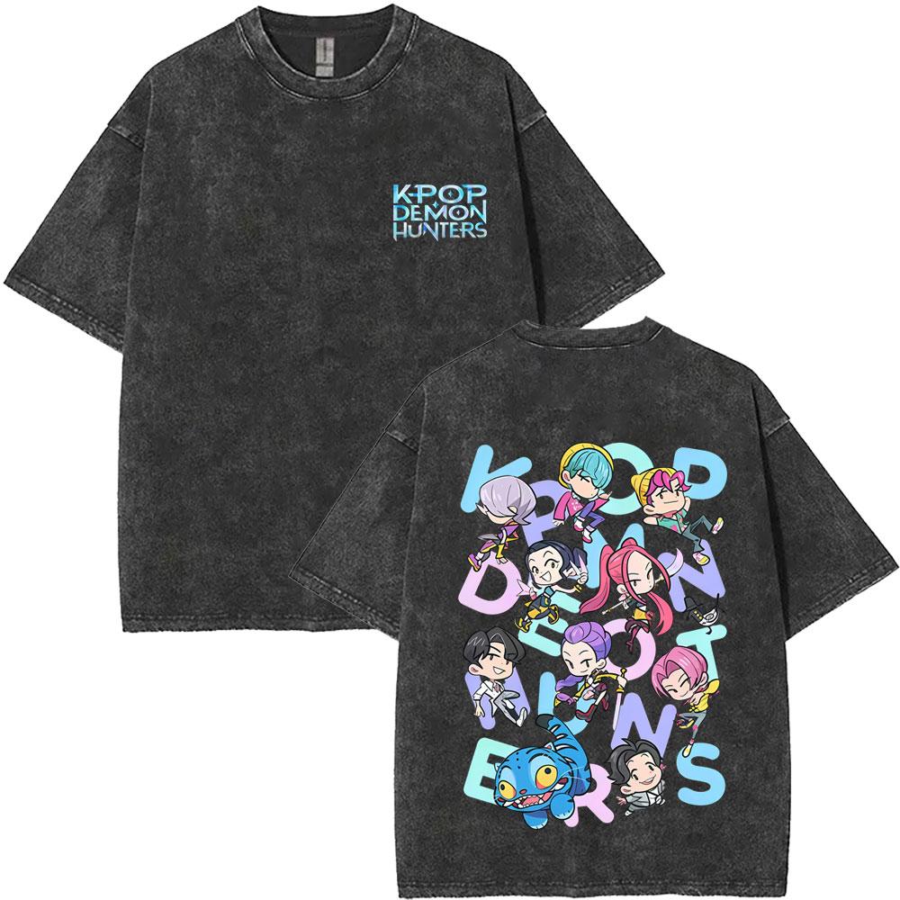 Women Washed Vintage Kpop Demon Hunters T-shirt Rumi Mira Zoey Saja Boys Derpy Tiger T Shirt Women Oversized Tshirt S