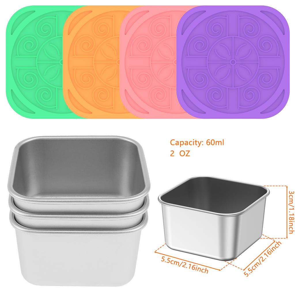 4Pcs 2/6oz Snack Container Stainless Steel Salad Box with Silicone Lids Leakproof Portable Stackable Dressing Food Storage Box