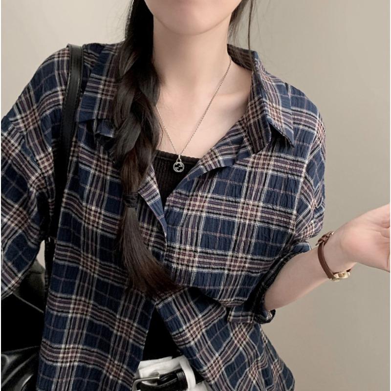 Korean Version Versatile Checkered Loose Shirt for Women Autumn Retro Long Sleeved Shirt Top S