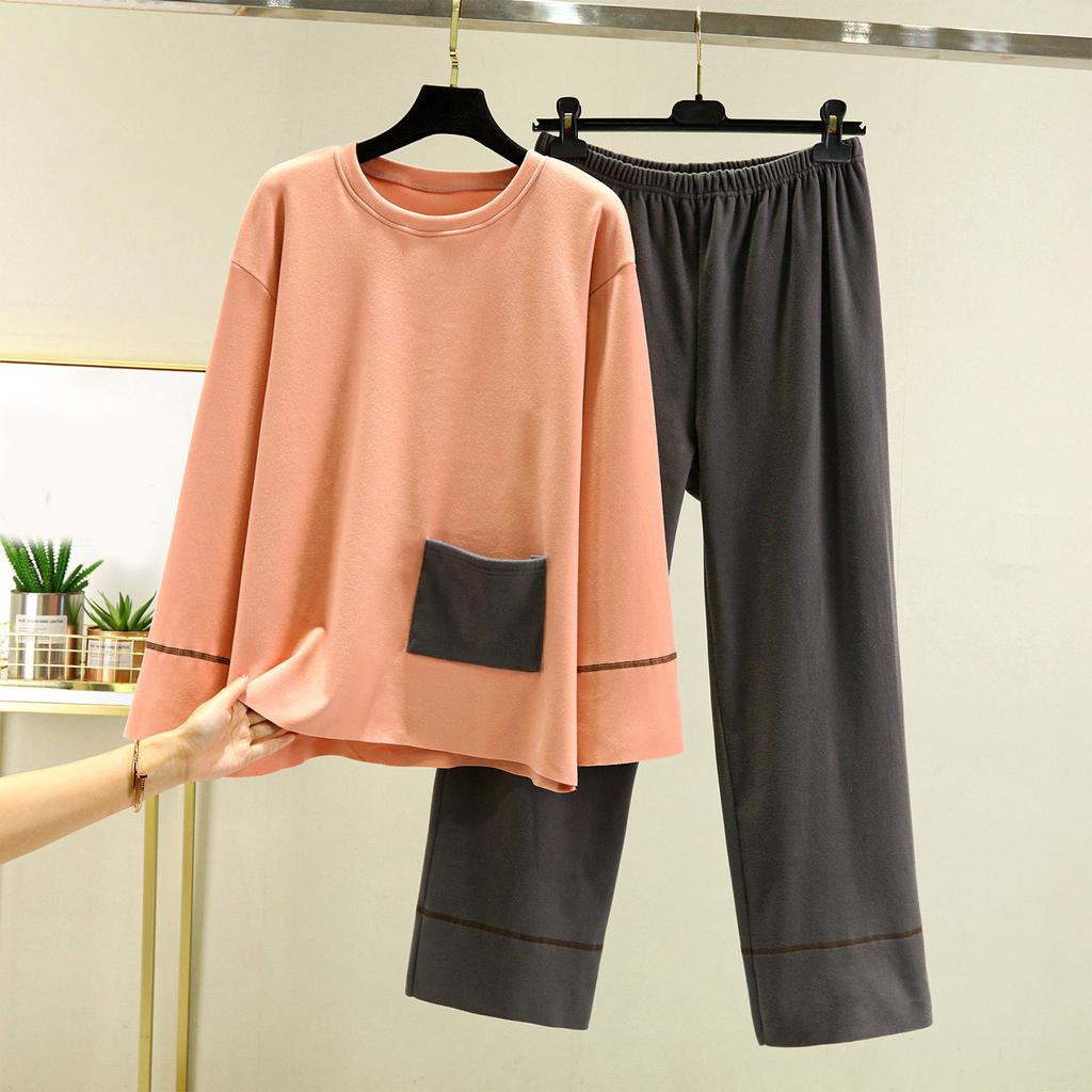Ladies' Casual And Comfortable Long Sleeved Solid Color With Thick Velvet Sleepwear And Warm Pants Set