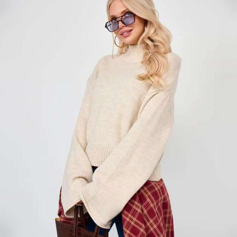 Autumn Winter High Collar Solid Simple All-match Sweater Ladies Flare Sleeve Fashion All-match Knitting Pullover Top
