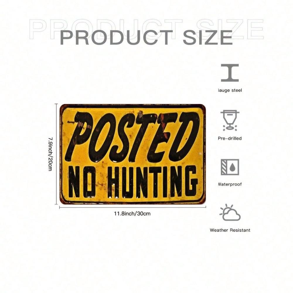 1pc 8x12 Posted No Hunting Sign, Retro Heavy-Duty Metal Warning Plaque, Glossy Yellow & Black Outdoor Marker