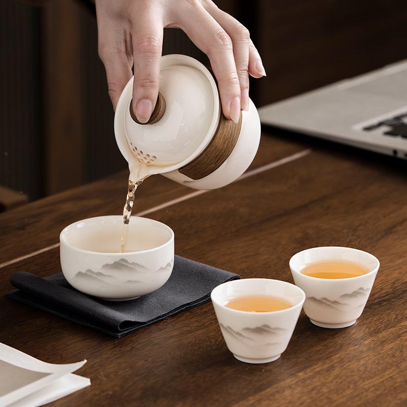 Lamb Fat Jade Porcelain Kung Fu Travel Tea Set Tea Cup Set Portable Outdoor High-end 1 Pot 4 Cup Tea Brewing Machine