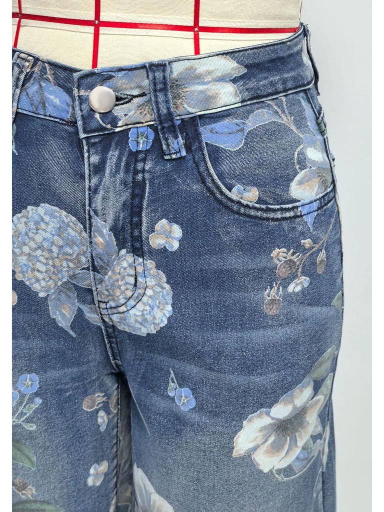 Cross2026 Florale High-Waist Wide-Leg Denim Capris für Damen