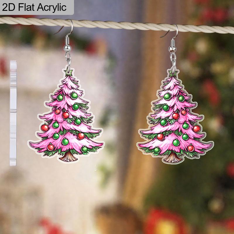 2D Flat Pink Christmas Tree Acrylic Earrings Women's Fashion Jewelry Unique Earrings Party Jewelry Christmas Earrings Christmas Gifts