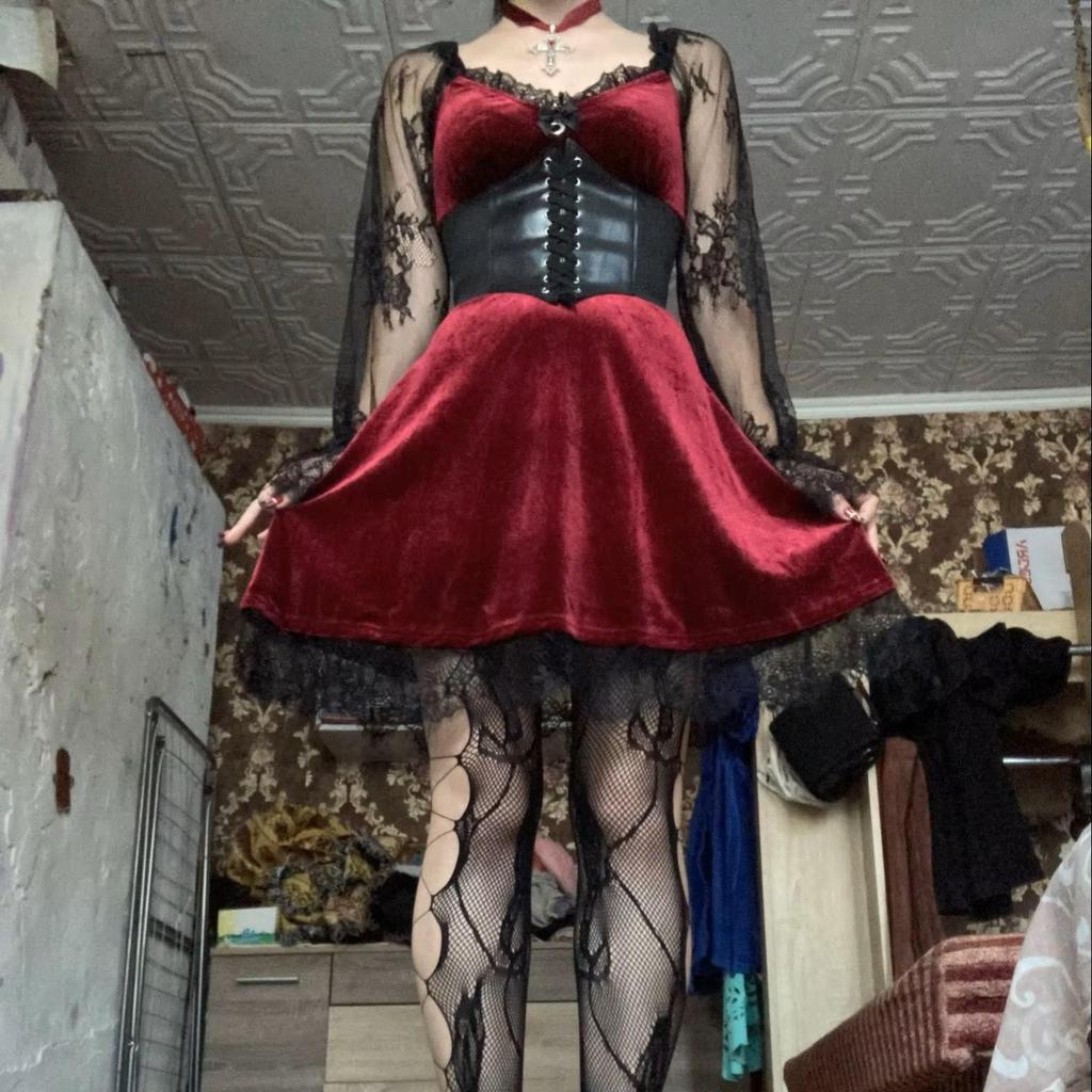 Grunge Goth Gothic Black Mini Dress Lace Trim High Waist Bodycon Women Vintage Punk Lolita Cloth