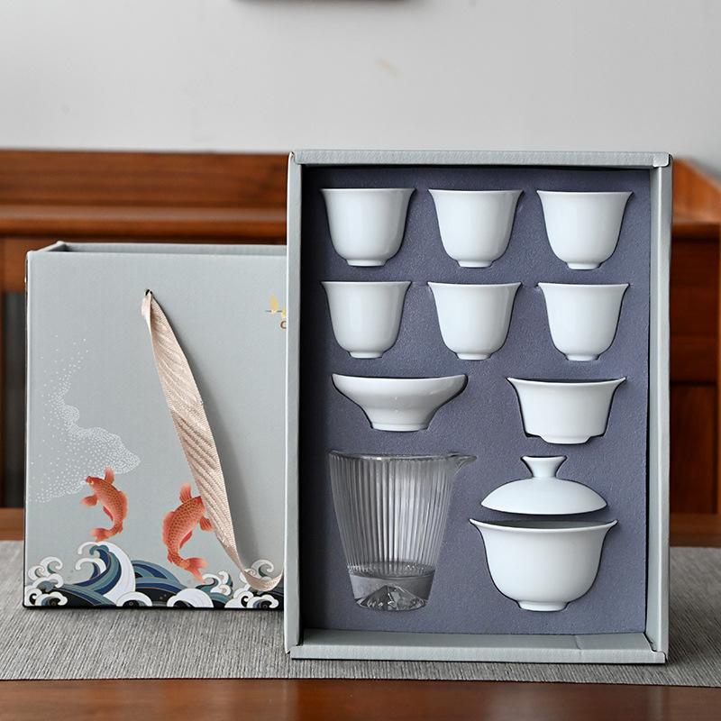 Suet Jade Kung Fu Tea Set, a Complete Set of Household Ceramic Cover Bowls and Teacups, a Complete Set of White Porcelain