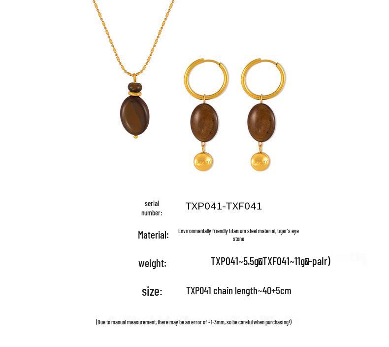 Maillard Geometric Tiger Eye Oval Pendant & Earrings Set In 18K Gold-Plated Titanium Steel
