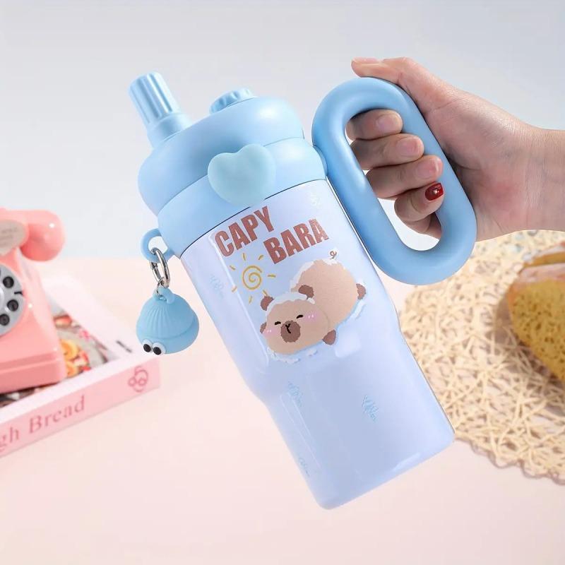 850ML Cartoon Cute Thermal Water Bottle With Straw Handle Large Capacity Student and Children Double Drinking Tumbler Coffee Cup