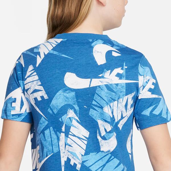 Nike Sportswear Letter Logo Pattern All Over Print Crew Neck Short Sleeve T-Shirt Kids Tops Dark-Beach-Blue DO1816-407