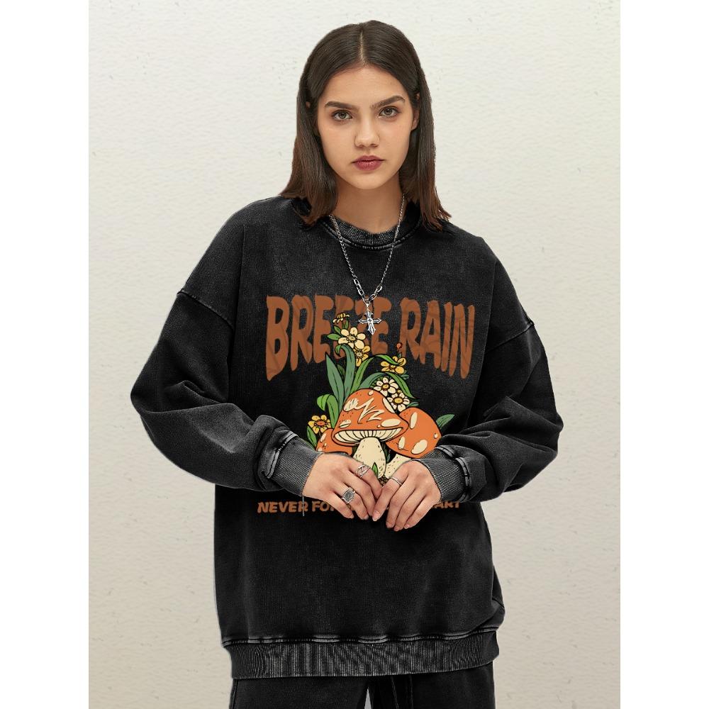 

Breeze Rain Flowers Принт Грибы Женские Толстовки с Вареным Эффектом Удобные Пуловеры Хлопок Осень Спортивная Одежда Свободная Одежда 3XL
