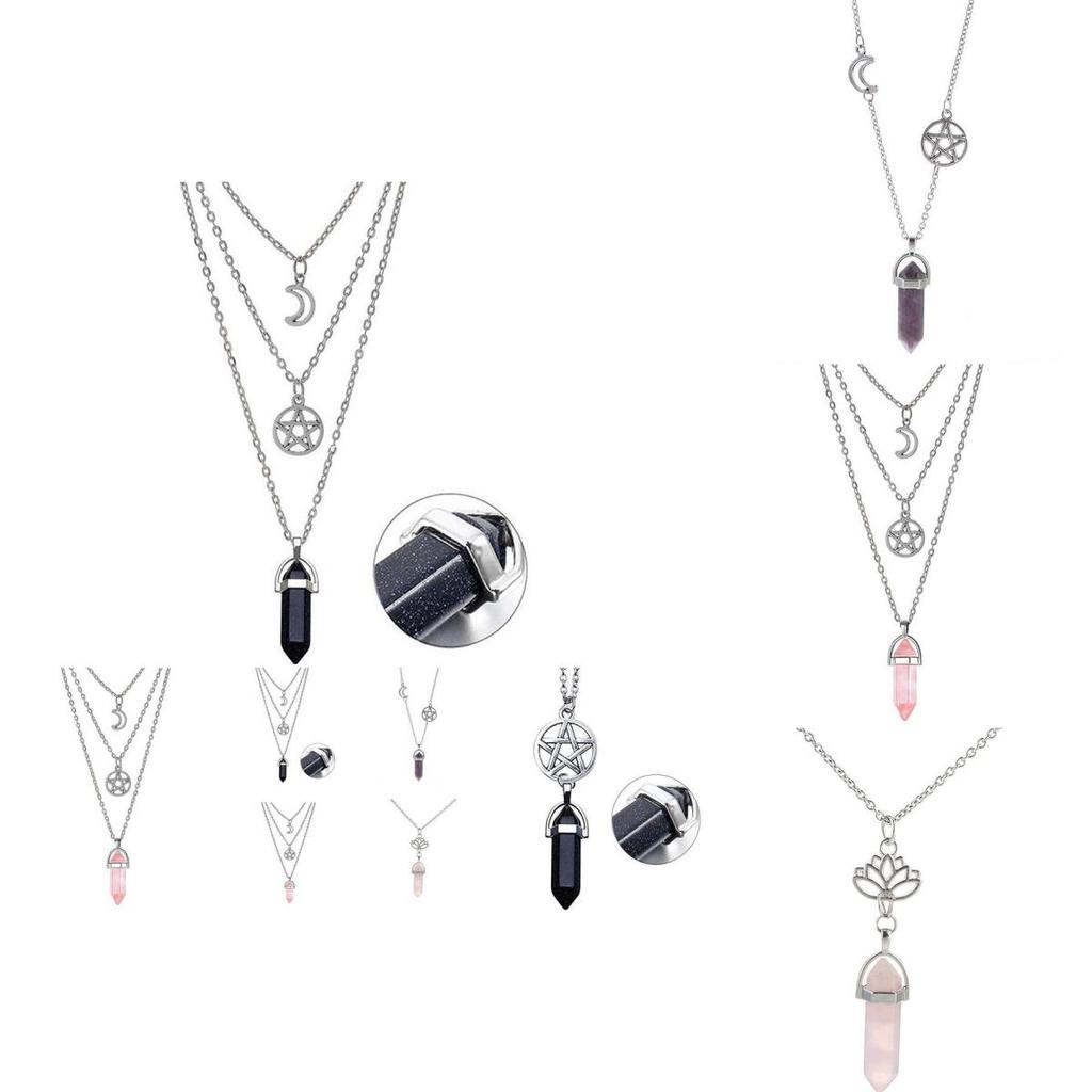 Hexagonal Agate Pendant Necklace With Multilayer Style For Fashionable Women