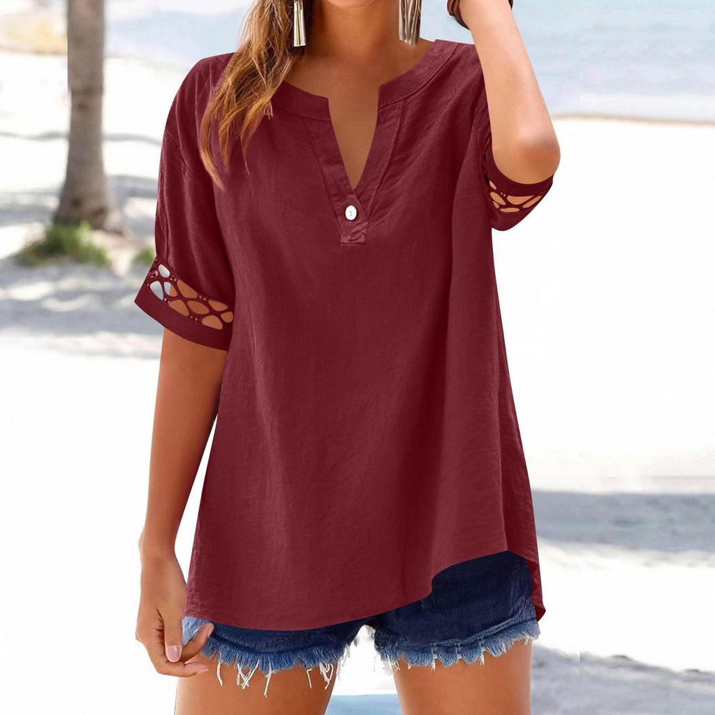 Women's Cotton Linen Shirts Summer Trendy Short Sleeve V-Neck Tops Loose Fit Vacation Tees Casual Beach