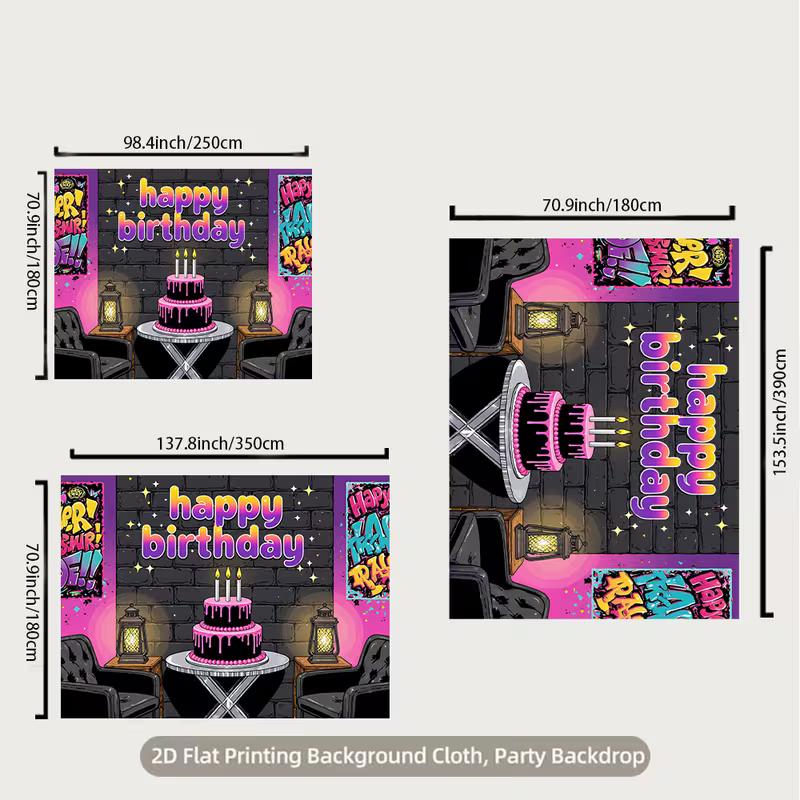 2D Happy Birthday Backdrop Banner, Graffiti Style Pink and Black Party Decor
