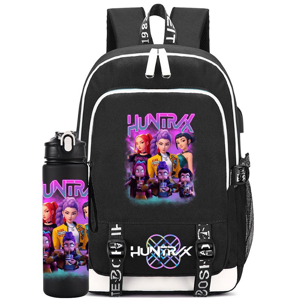 2Pcs/set Anime K-Pop Demon Hunters Printed Backpack Large Capacity Bookbag with 750Ml Water Bottler Laptop Student Boy Girl Large Capacity Bookbag