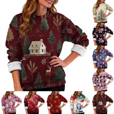 Damenmode Lässig Langarm Weihnachten Bedruckt Rundhals Plus Samt Verdicktes Sweatshirt