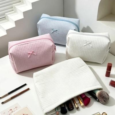 Bow Decor Cosmetic Bag Zipper Toiletry Organizer Sweet Waffle Knit Makeup Bag  Travel