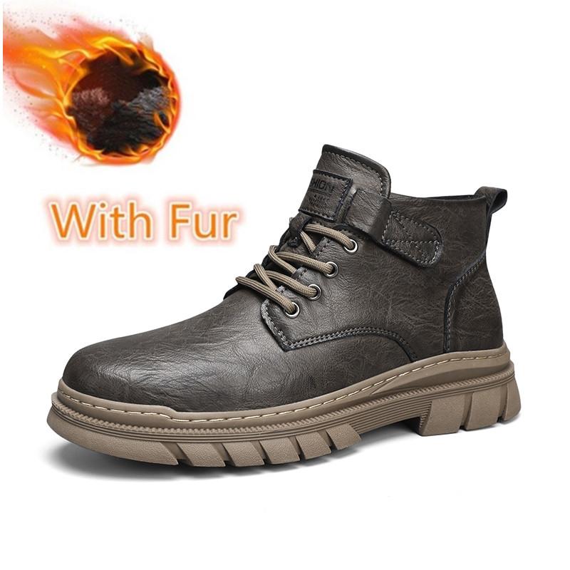 Fashion New Classic Men Boots Genuine Leather Lace-Up Male Comfortable High Top Shoe All-match Winter Plush Snow Boots