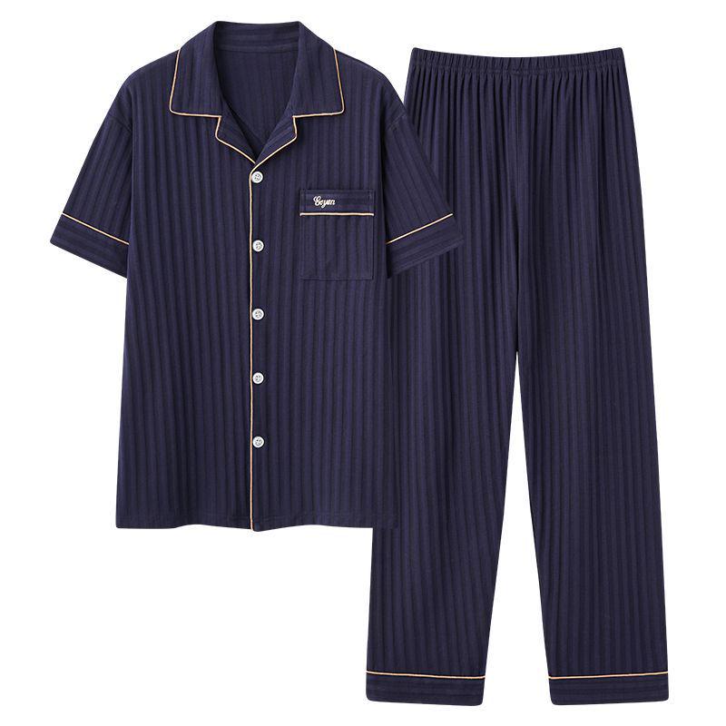 Herren Sommer Baumwollpyjama-Set: Kurzärmeliges Oberteil & Lange Hose, Leichtgewicht, Draußen tragbar, Einfache Übergrößen-Homewear
