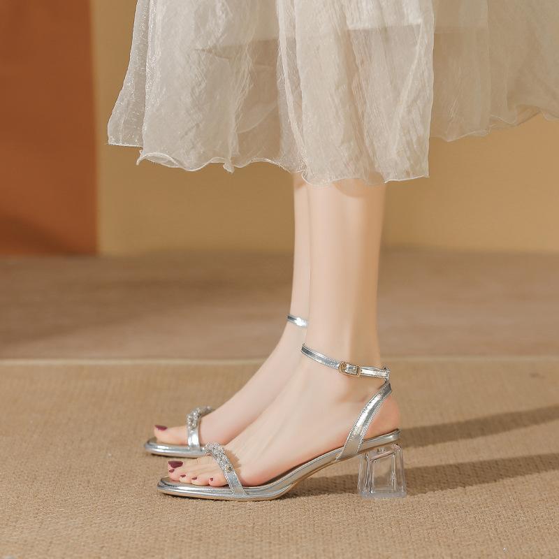 Coarse-heeled sandals women's summer new French medium-heeled rhinestone high-end silver word with beautiful high heels