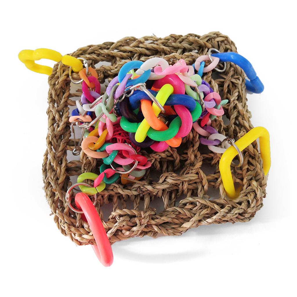 Bird Toys Foraging Wall Toy Hanging Seagrass Woven Climbing Mat with Colorful Chew Toys for Lovebirds Finches Conures