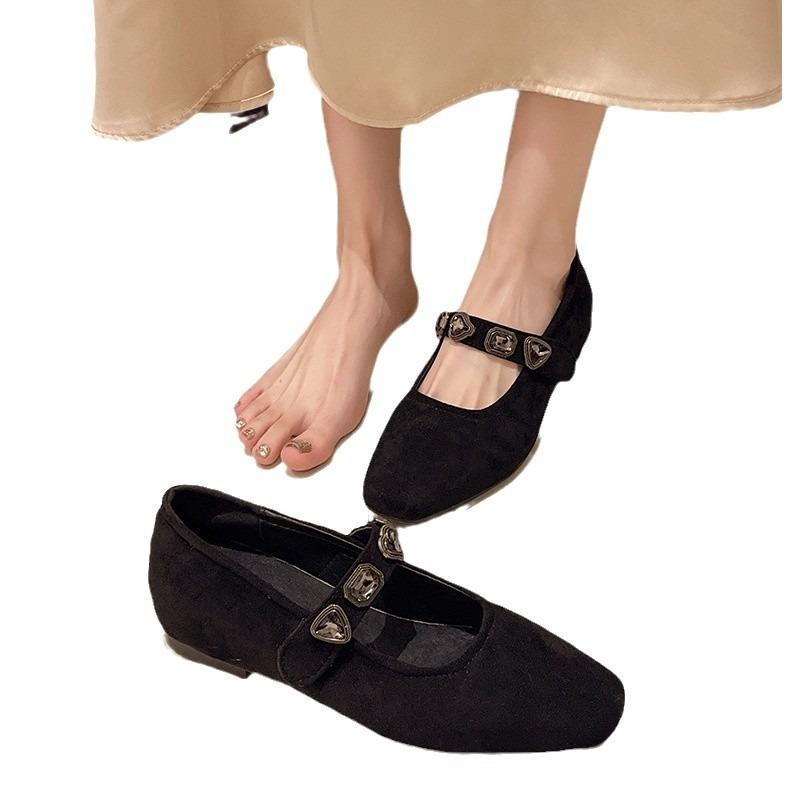 Suede Thick Heel Inner Height Increase Mary Jane Shoes Women's Spring and Autumn New Temperament Versatile Word with Rhinestone Single Shoes