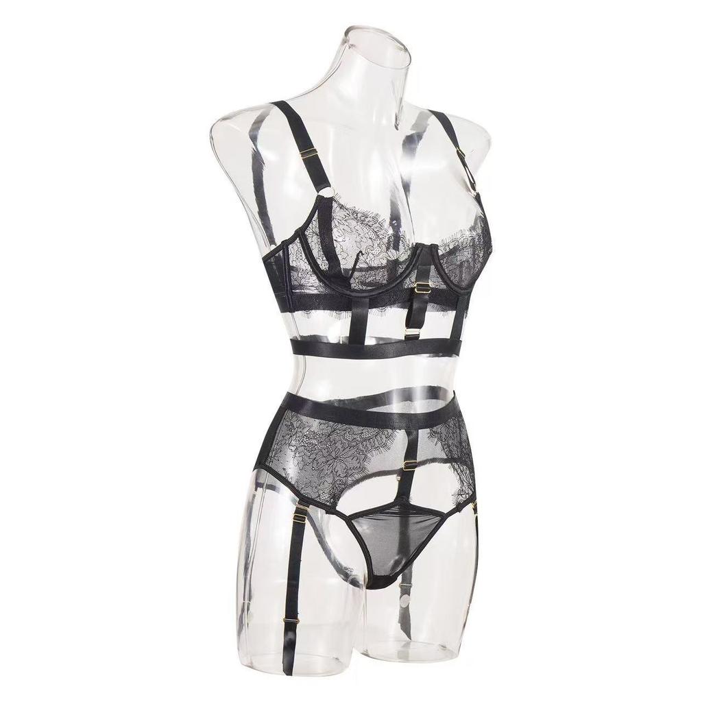 Lace Underwire Sexy Three-Piece Lingerie Set with Slit