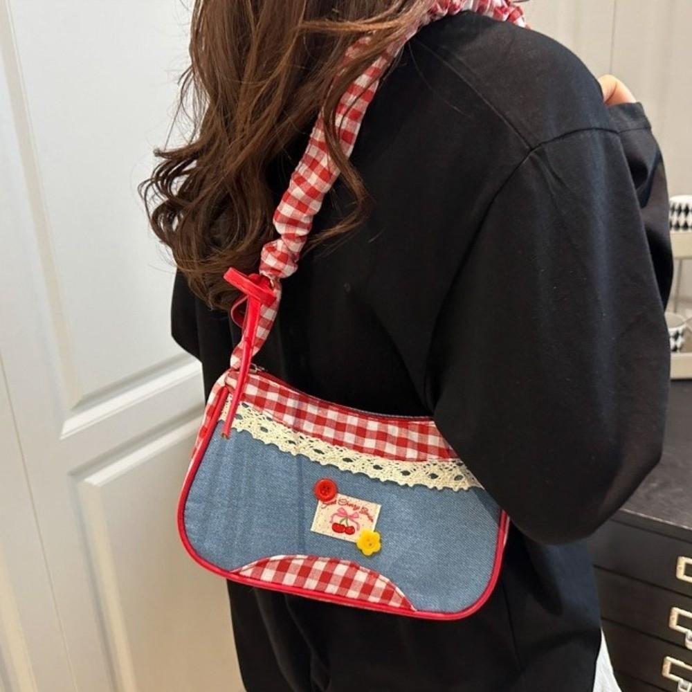 Plaid Denim Underarm Bag Rural Style Crossbody Bag Lovely Lattice Shoulder Bag  Women