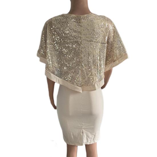 Women Dress Shawl Patchwork Sequin Sheath Solid Color Round Neck Slim Fit