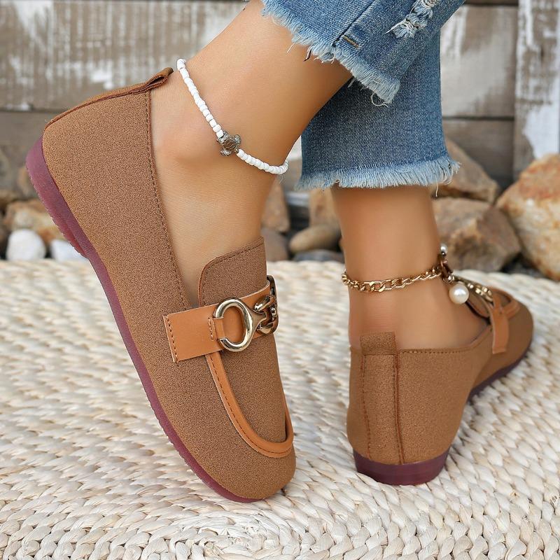 Women's Shoes Spring and Autumn New Korean Round Toe Shallow Metal Buckle Low Heel Flat Comfortable Casual Single Shoes